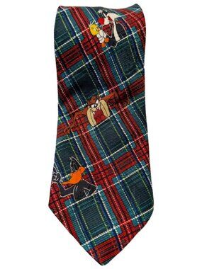 Looney Tunes Mania '94 VTG Mens Tie Plaid Bugs Bunny Tweedy Sylvester Daffy Taz